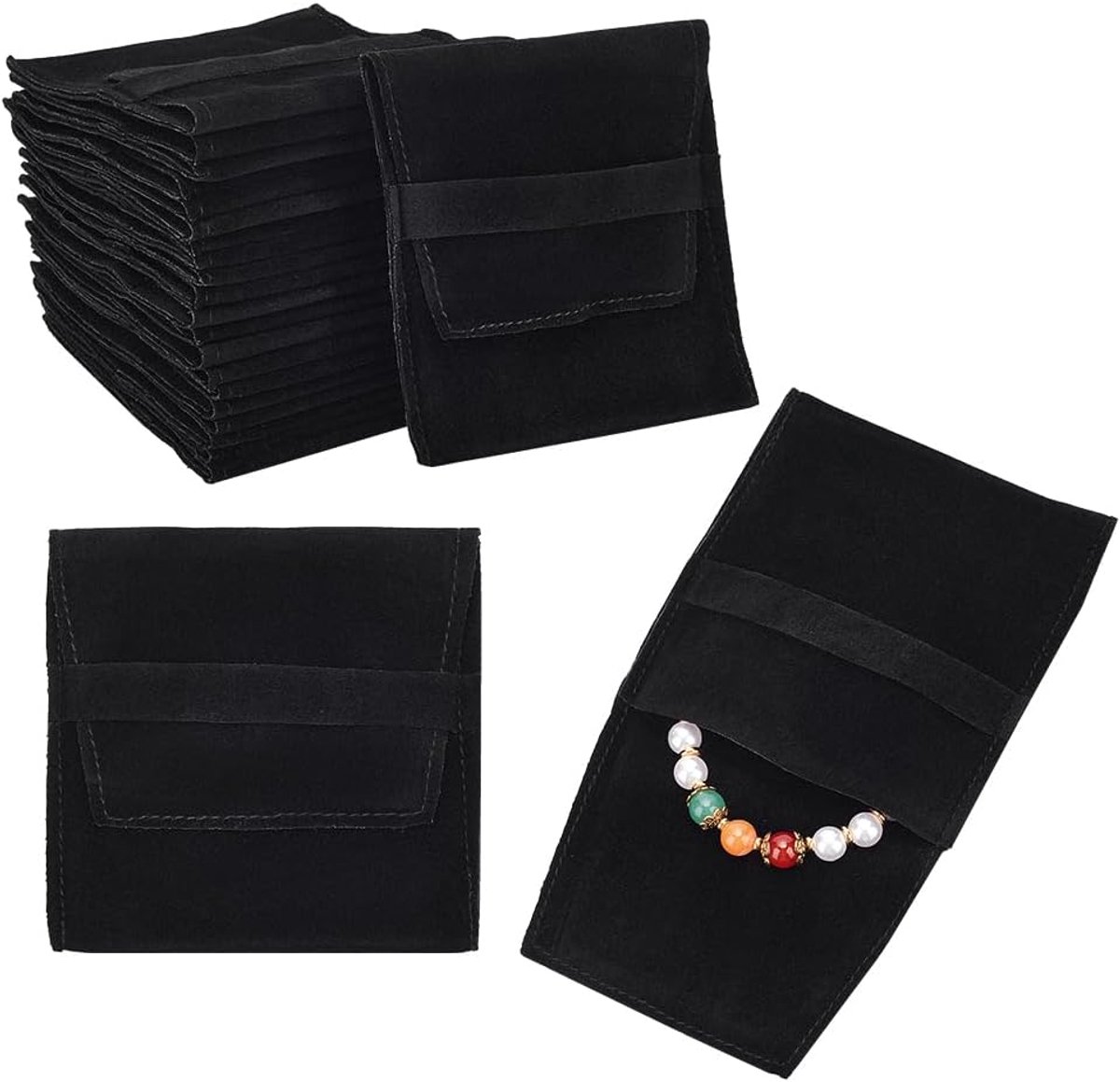 24 stuks zwarte microfiber sieraden pouch, cosmetische tas, fluwelen sieraden flip tassen, opvouwbare envelop tas voor oorbellen, armbanden, kettingen verpakking, 9,7 x 9 cm