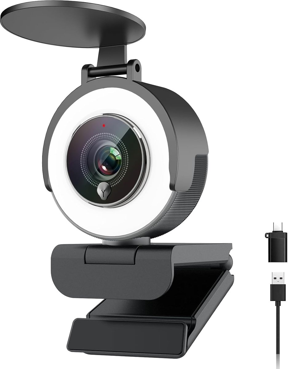 SnelShoppen - 4K Webcam met Ringlicht en Microfoon, 1080P @60FPS USB-camera voor Streaming, Zoom en Teams, Privacyhoes, Ideaal voor PC en Laptop