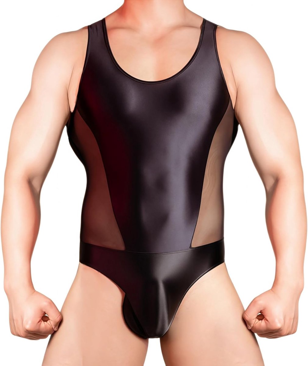 SnelShoppen - Heren Bodysuit Glanzend Mouwloos U-hals Transparant Mesh Tanktop Nauwsluitend Ondergoed Sexy Lingerie Nachtkleding Clubwear Vrije Maat