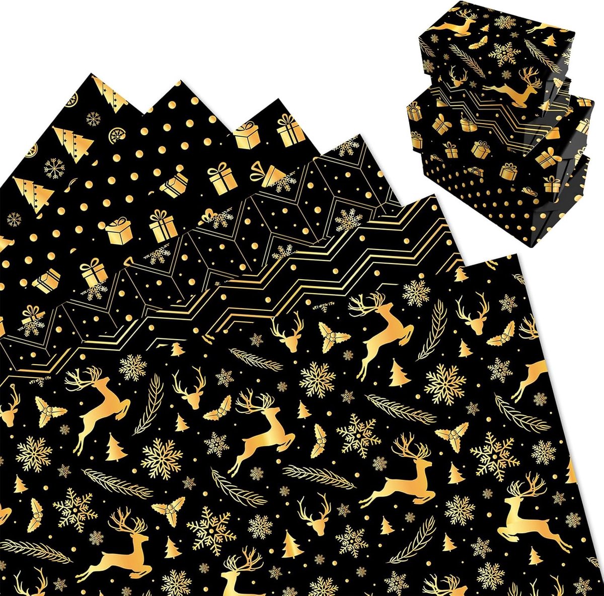 SnelShoppen - 12 Vellen Inpakpapier Kerstmis - Kerstboom Cadeaupapier Zwart Goud Eland - 68x50cm - Perfect voor Kinderen, Winter Verjaardag en Feestda