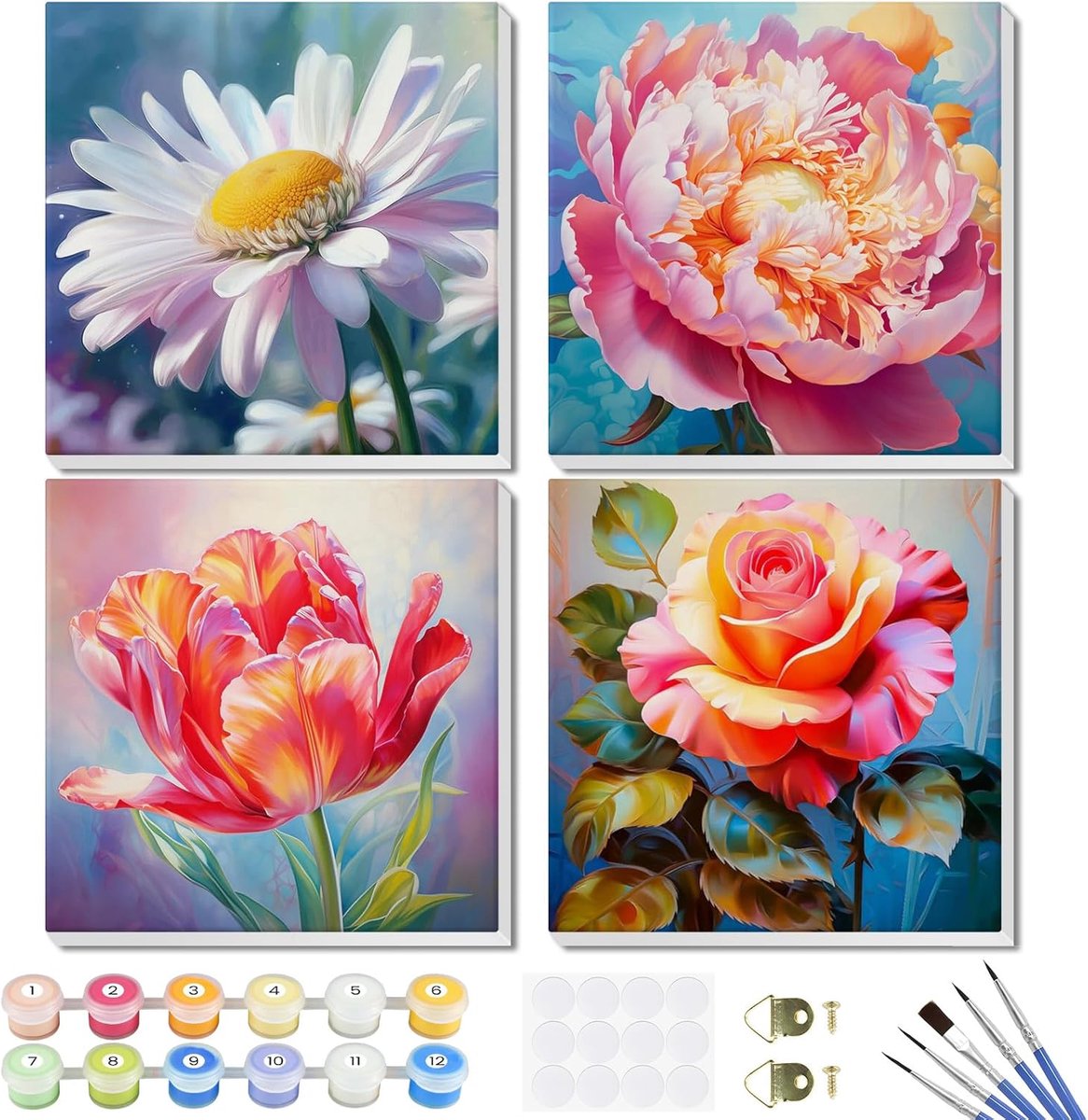 SnelShoppen - Verf op Nummer Kits voor Volwassenen - 4-Pack Canvas Schilderen op Nummer Kit - Bloemen Landschap Acrylverf met Houten Frame - Creatieve
