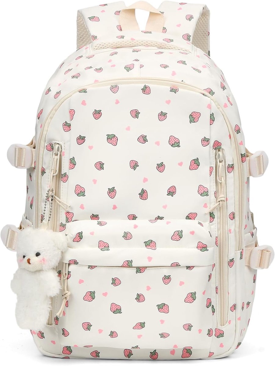 VHV - Rugzak - Rugzak dames - Aardbei rugzak - Nylon schooltas met kersenprint - Lichtgewicht dagrugzak - Voor school, werk, reizen en dagelijks gebruik - 43*30*18cm - Gebroken wit
