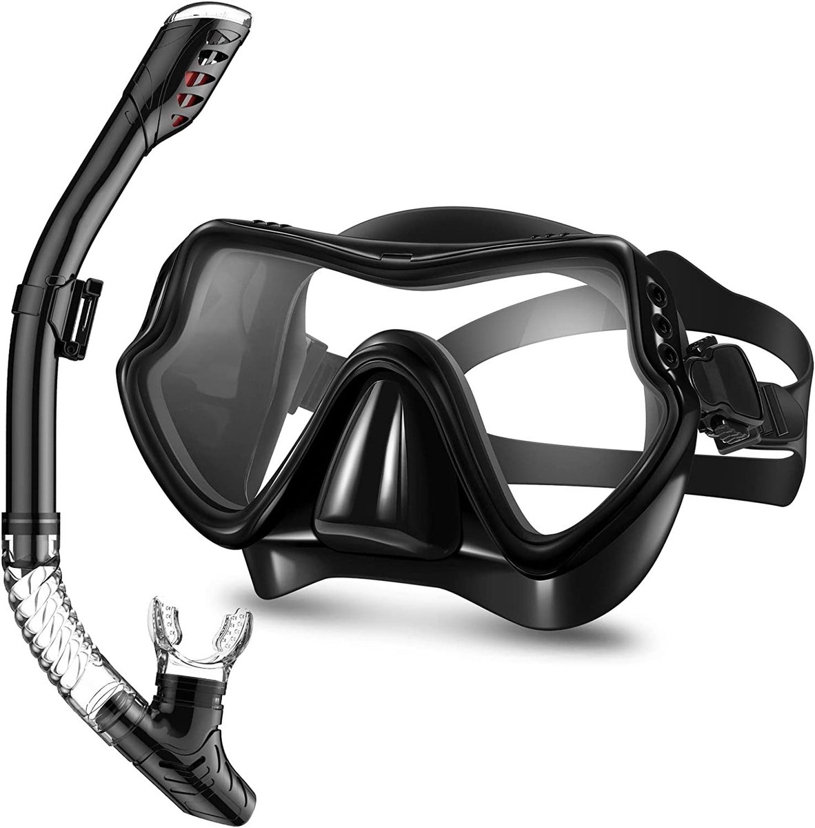 LISM-Snorkelset (inclusief duikbril, duikmasker en snorkel) - Veilig snorkelen - Verstelbare hoofdband - Zwart + transparant