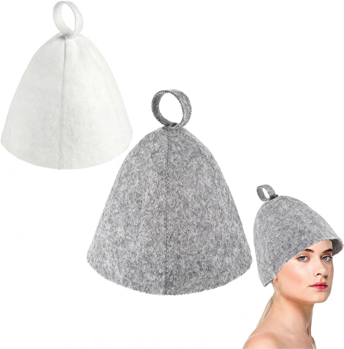 SnelShoppen - 2-delige Saunahuts Set, Vilten Saunapet voor Dames en Heren, Wolvilt Hoed met Ophanglus, Grijs en Wit, Ideaal voor Sauna, Banya en Welln