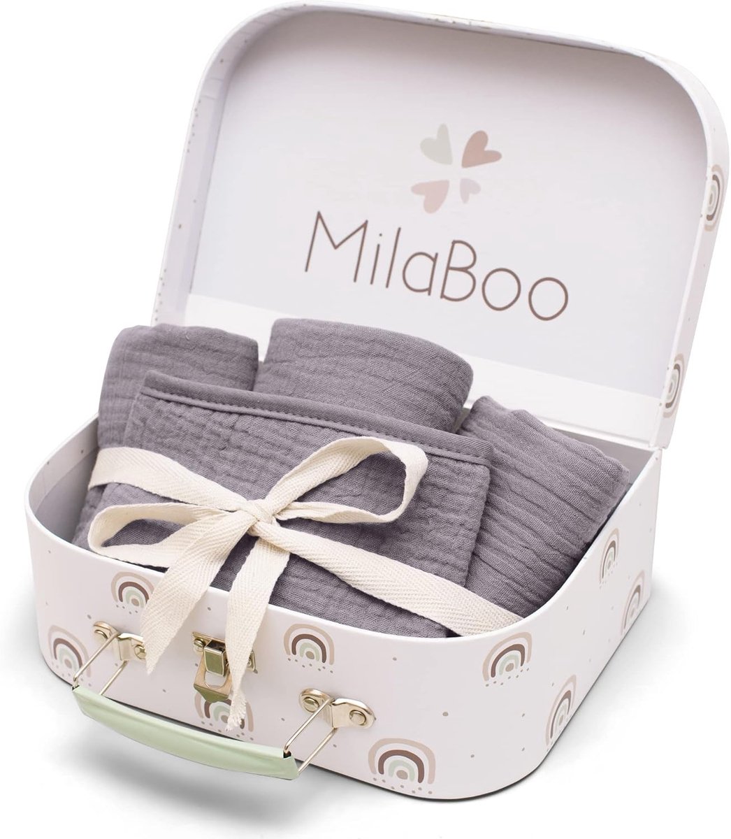 SnelShoppen - Set van 4 Baby Bibs, 100% Biologisch Katoen, Burp Cloth, Handdoek en Driehoekige Doek in Donkergrijs, Perfect Kraamcadeau voor Pasgebore