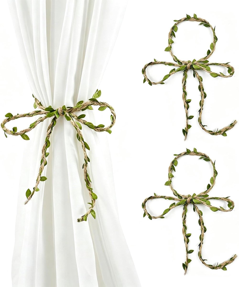 SnelShoppen - Set van 4 Gordijnhouders voor Touw, Jute, Bladpatroon, Landhuisstijl, Bohemian Gordijnfixatie, Eenvoudige Gordijndecoratie voor Huiskame