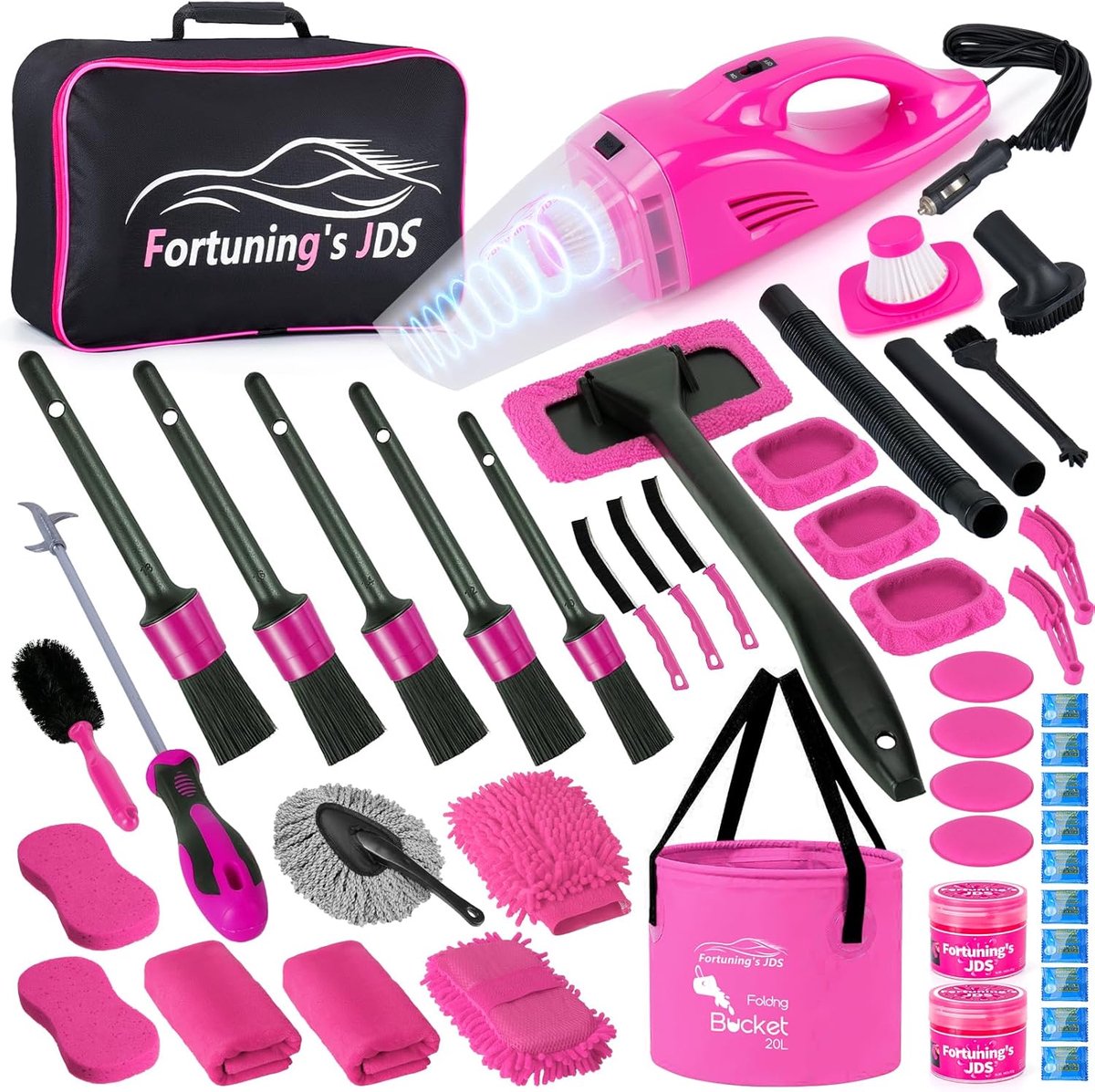 SnelShoppen - 47-delige Auto Detailing Kit met Krachtige Stofzuiger, Interieur Cleaner, Was Kit met Emmer en Detailing Borstelset, Roze Auto Accessoir