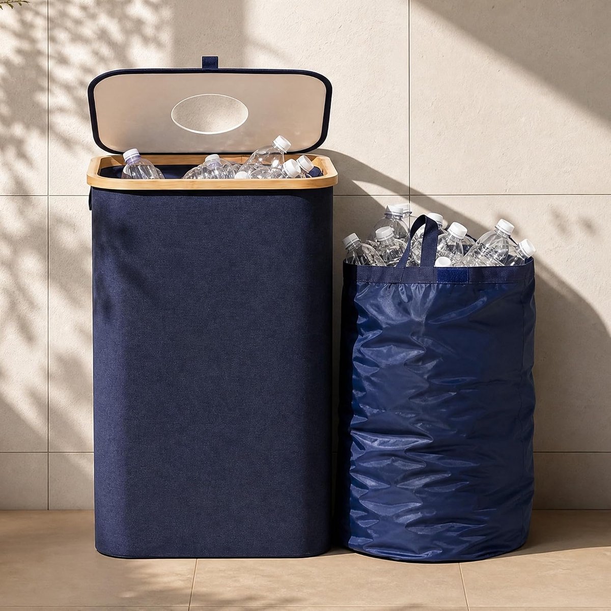 SnelShoppen - Flessenverzamelaar 100L Bamboe – Opvouwbare Verzamelbak met 2 Draagtassen voor PET-Flessen en Blikjes - Blauw, Ideaal voor Feest, Campin
