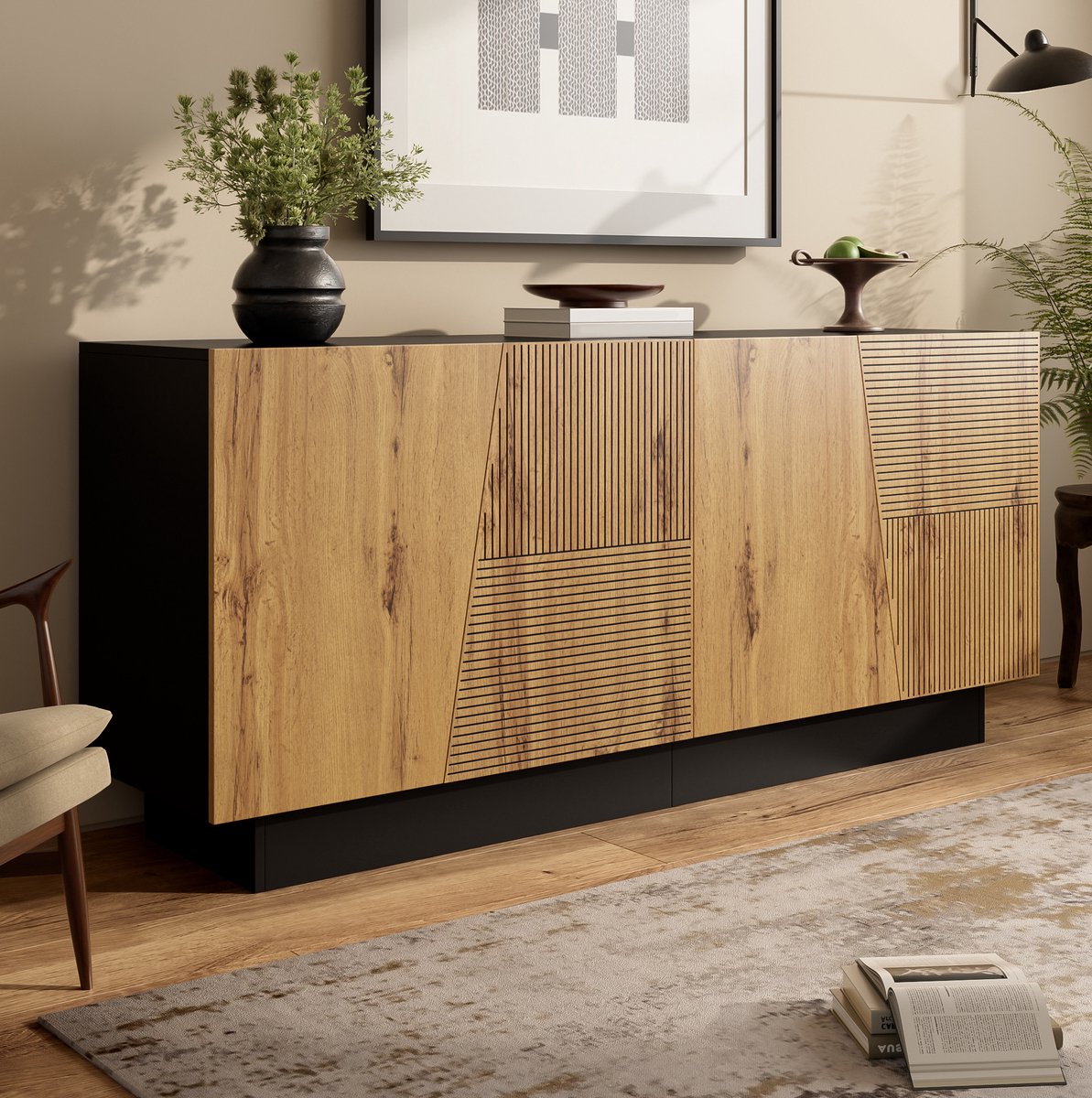 Wishdor - Dressoir - 160 cm brede opbergkast - verstelbare plank en 4 deuren - modern design - woonkamer eetkamer hal - houtlook en bewerkt hout - zwart