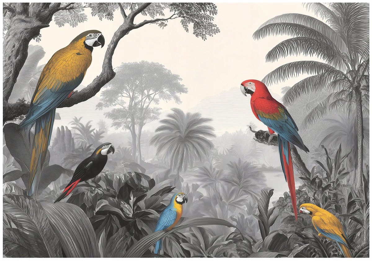 WALLARENA - Fotobehang - 200x140 cm - jungle met papegaaien en palmen voor woonkamer en slaapkamer
