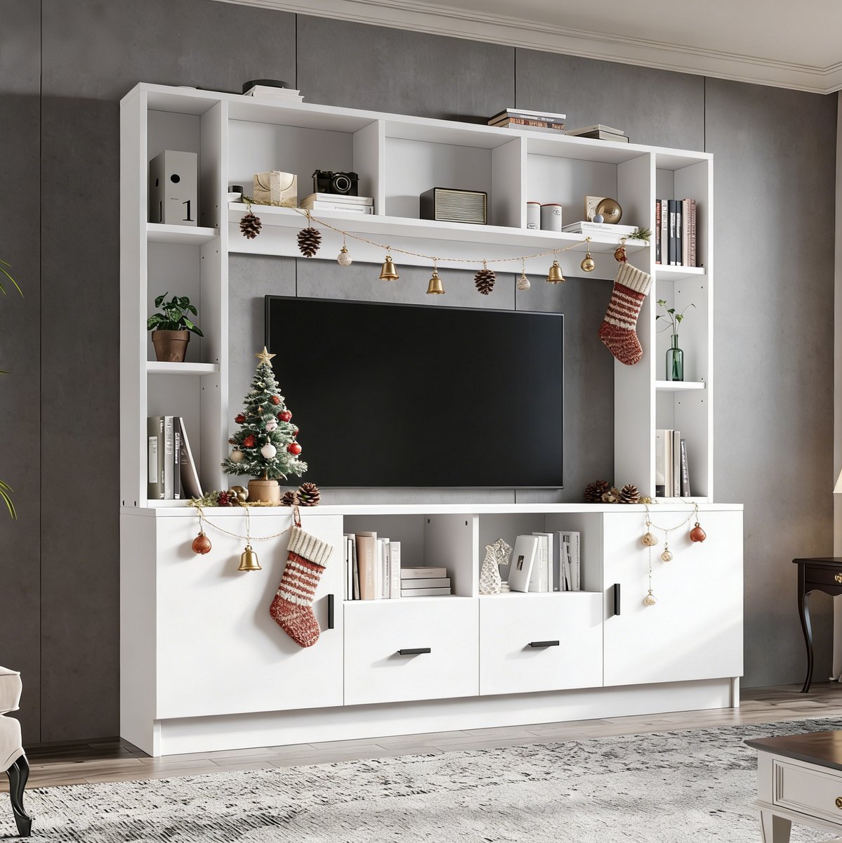 Wishdor - TV meubel - woonwand met 2 kasten, 2 lades en 11 vakken - modern minimalistisch - voor woonkamer of slaapkamer - bewerkt hout - wit - 180 x 35 x 170 cm
