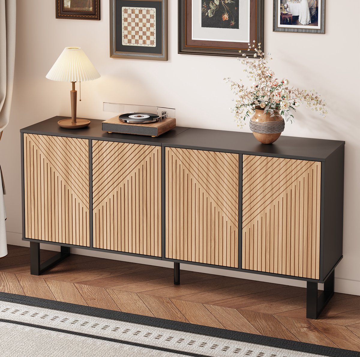 Wishdor - Dressoir - 3D-strepenfront - ruime opbergkast met deuren en open vakken - modern minimalistisch - woonkamer of hal - houtlook en metaal - zwart/naturel - 160 cm