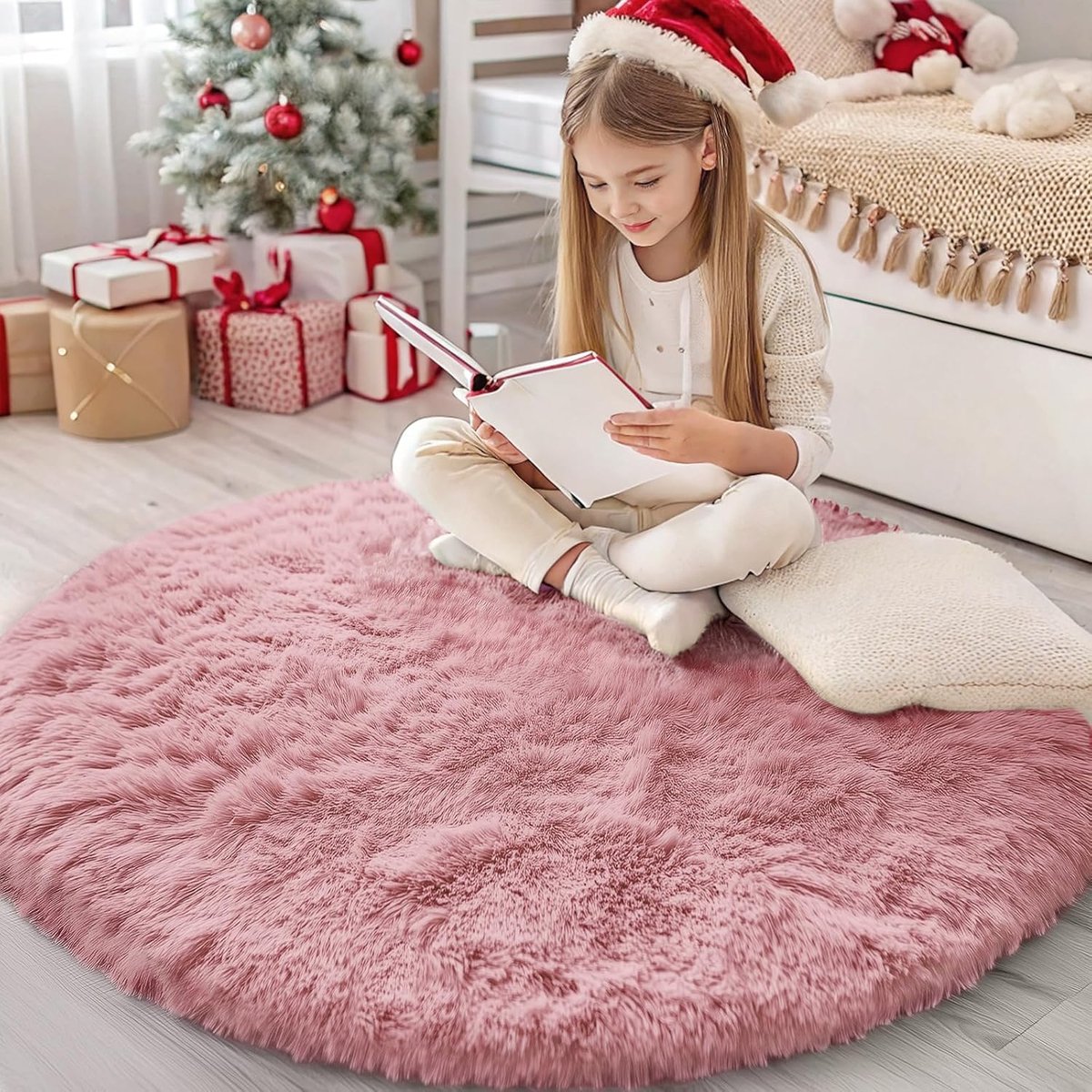 SnelShoppen - Fluffy Shaggy Vloerkleed, Zacht en Dikke Stapel, Machinewasbaar Antislip Bedkleed voor Slaapkamer, Kinderkamer, Nursery, Roze, Rond 120