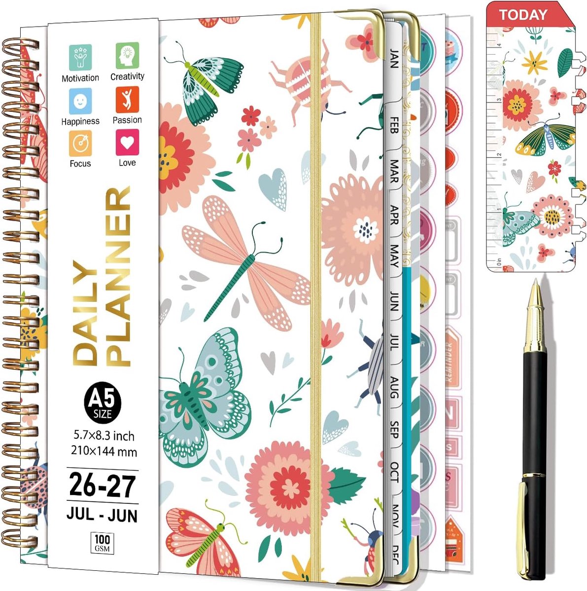 SnelShoppen - Gumiho Agenda 2026 2027 Spiral A5 - Academische Weekplanner met Pen, Bookmark met Liniaal, Stickers en Maandoverzicht voor Effectieve Pl