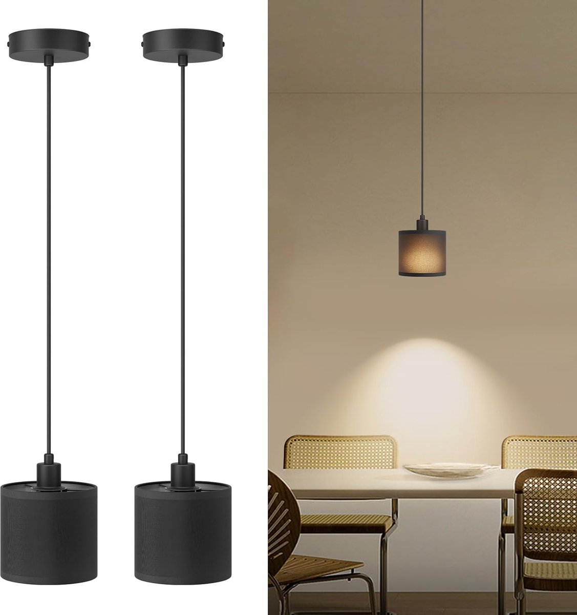 SnelShoppen - 2 Stuks E14 Hanglampen - Moderne Fabric Lampenkap - Geschikt voor E14 Fitting - Max 40W - Stijlvolle IJzeren Basis - Perfect voor Woonka