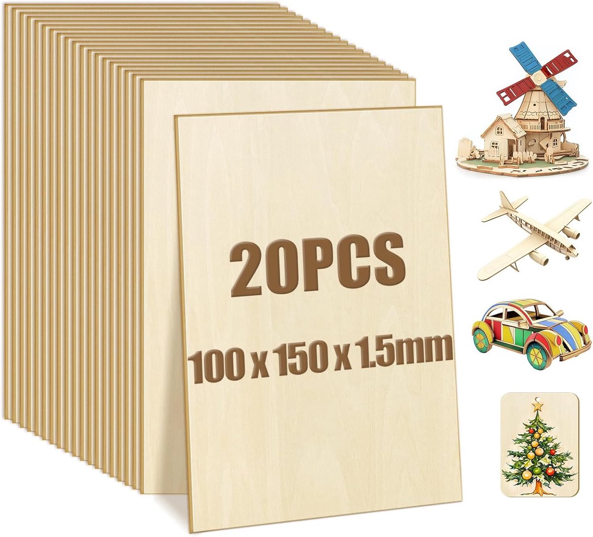 SnelShoppen - 20 Stuks Onbewerkt Houten Panels 100x150mm, Plywood Platen voor Knutselen, Lasergraveren, DIY Projecten, Tekeningen en Architectuurmodel