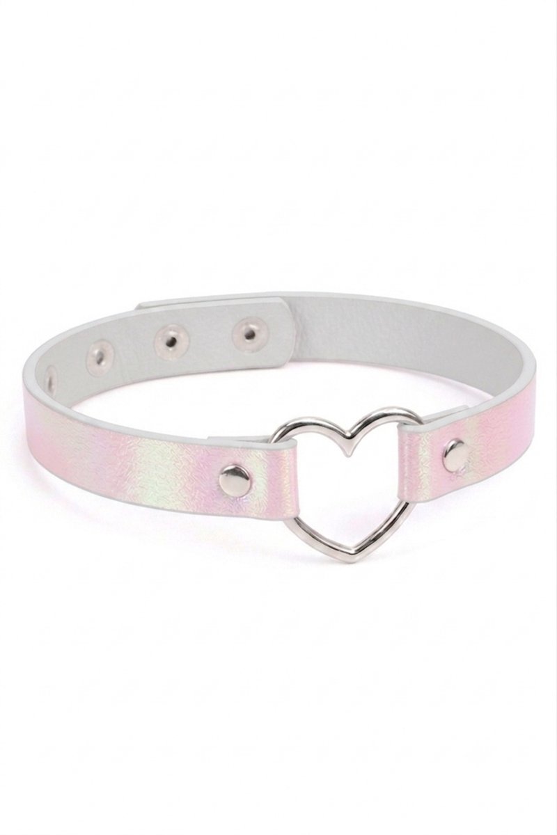 KIMU® Choker Iridescent Roze Lederlook Hartje - Holografisch Collar Ketting Sexy Festival
