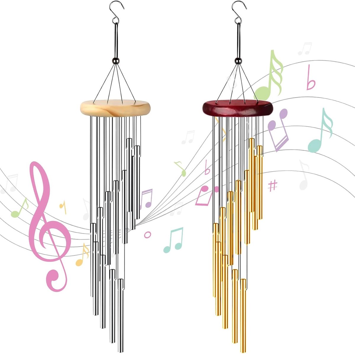 SnelShoppen - 2pcs Tuin Windgong Aluminium Windchimes met 12 Buizen voor Buiten, Tuin, Patio, Achtertuin Decoratie - Goud, Zilver