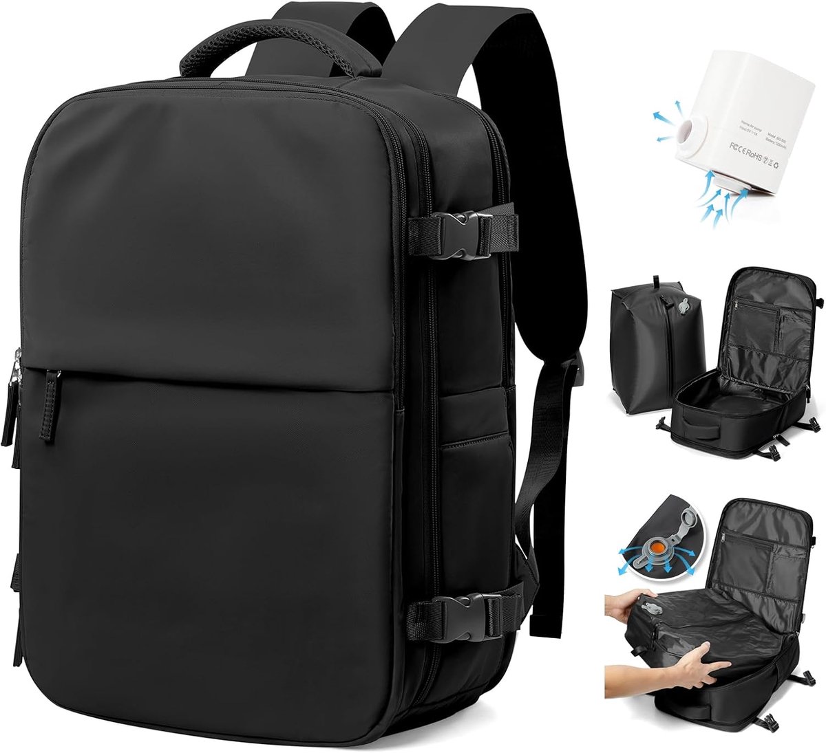 SnelShoppen - Vacuum Backpack Hand Luggage 40x30x20 voor Ryanair & Easyjet, Compressie Rugzak met Pomp, Weekend Bag, Hiking en Casual Dagpack, I01-Bla