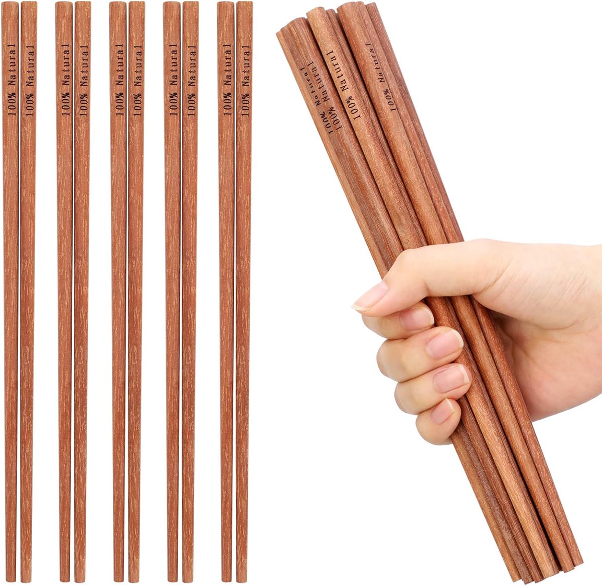 SnelShoppen - 10 Pairs Houten Eetstokjes, Herbruikbare Japanse en Chinese Eetstokjes, Natuurlijk Onbehandeld Hout, 25 cm, Antislip Sticks voor Sushi,
