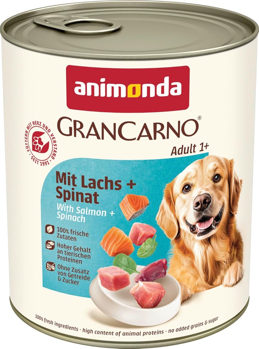 SnelShoppen - GranCarno Hondenvoer met Zalm & Spinazie (6 x 800 g), Graanvrij Nat Hondenvoer zonder Suiker voor Volwassen Honden, Verse Vlees Ingredië