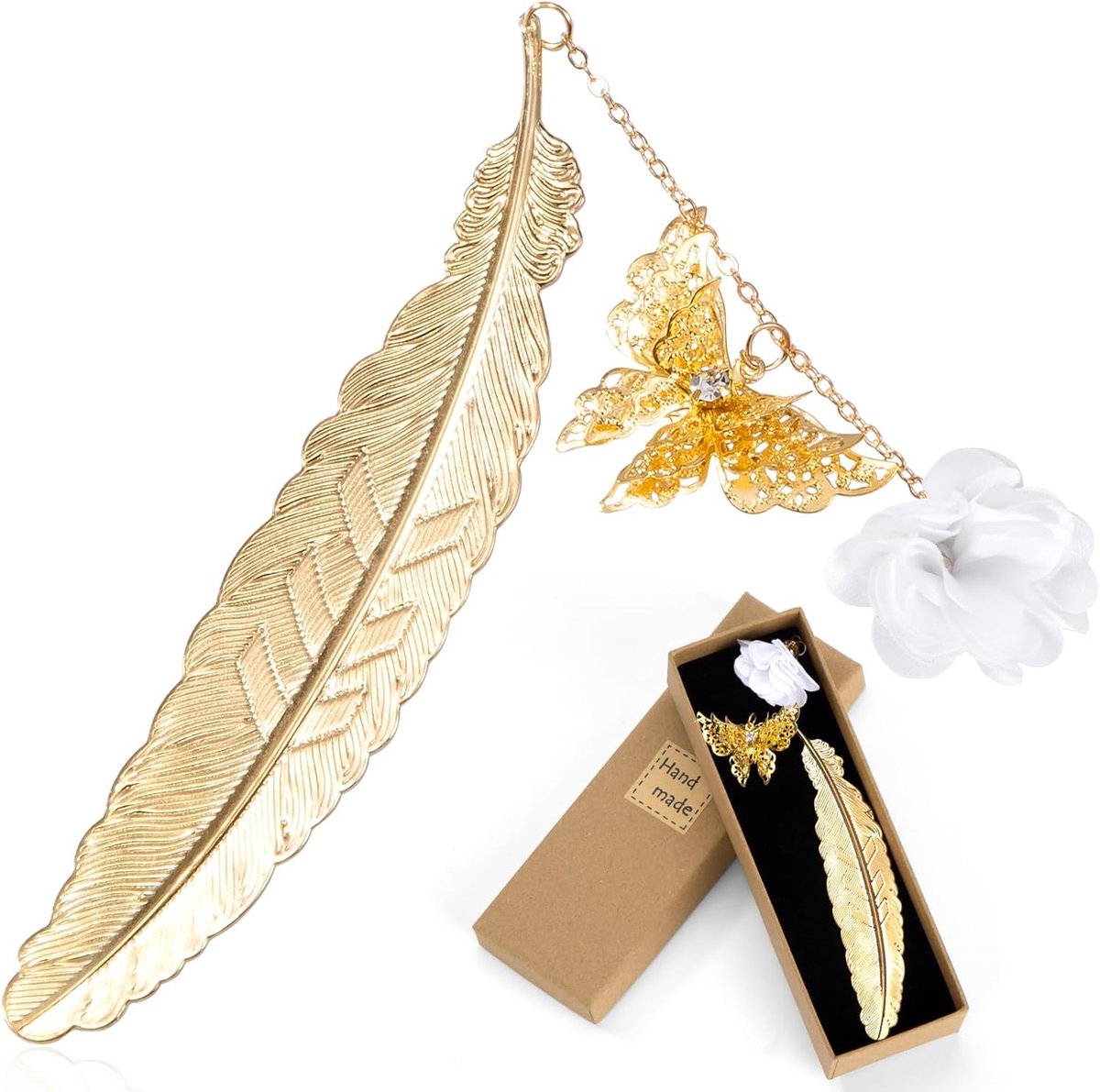 Elegante metalen boekenlegger met veerpatroon en 3D bloemenhanger, perfect cadeau voor vrouwen, mannen en leraren voor verjaardagen, kerst en andere speciale gelegenheden