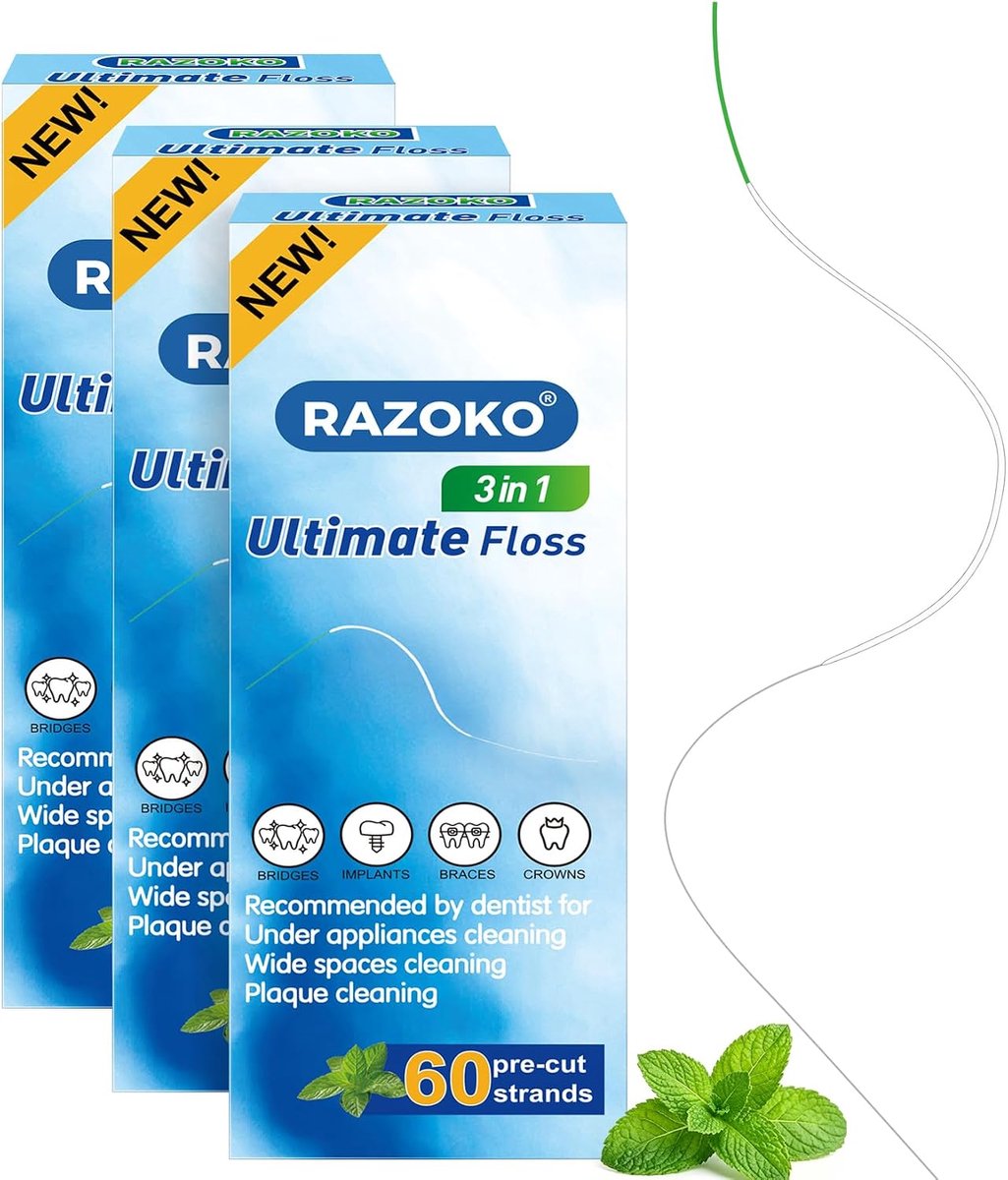 SnelShoppen - 180 Voorgesneden 3-in-1 Flosdraad voor Beugels, Bruggen en Implantaten, PFAS-vrij, ICY Mint, Orthodontische Floss met Ingebouwde Draaddr