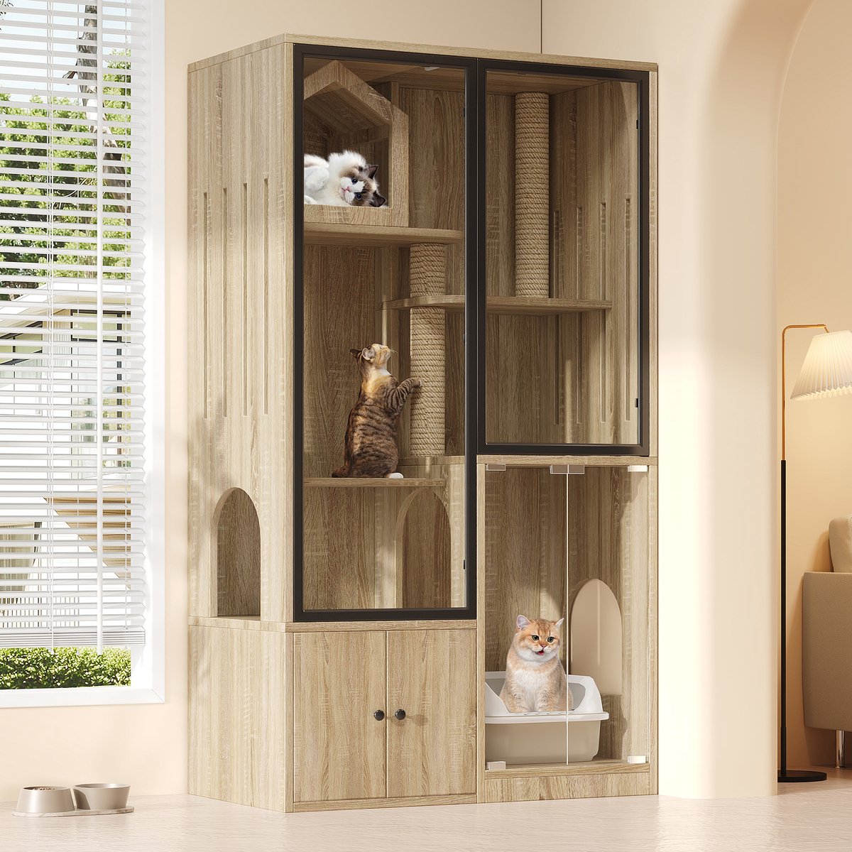 MODENUIT Kattenhuis – 90 x 50 x 160 cm – Gehard Glas en Hout – Natuurkleur – Meerlaags met Krabpaal