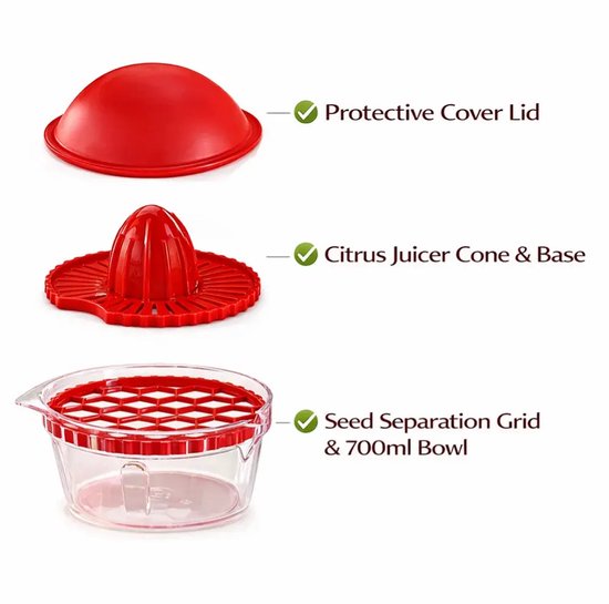 Granaatappel Ontpitter met Citruspers – Handmatige Sinaasappelpers en Citroenpers – Opvangkan met Schenktuit – 700 ml – Rood van modemix — afbeelding 2