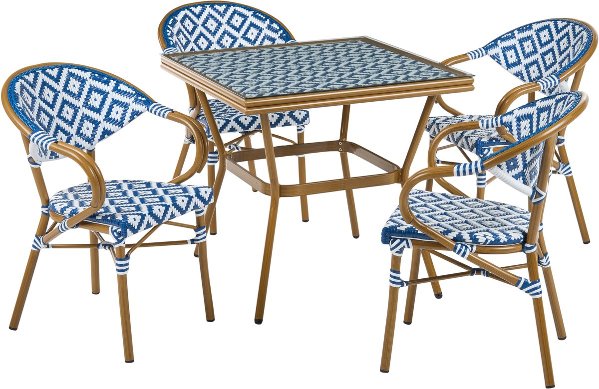 CASPRI - Tuinset voor 4 - Blauw/Wit - PE rotan