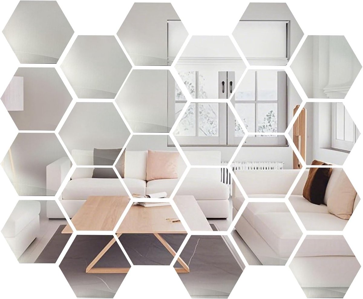 SnelShoppen - 24 Stuks Hexagonale Wandspiegel - Zelfklevende Acryl Spiegel 126x109x63mm - Decoratie voor Woonkamer, Slaapkamer, TV Achtergrond, DIY Pr