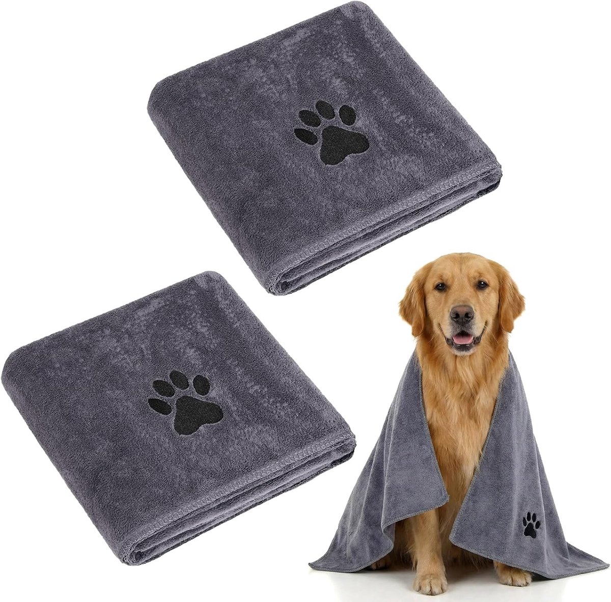 SnelShoppen - 2 Stuks Hondenhanddoek - 100x50 cm - Extra Absorberend & Zacht - Sneldrogend Microvezel Handdoek voor Honden, Katten en Huisdieren - Gri