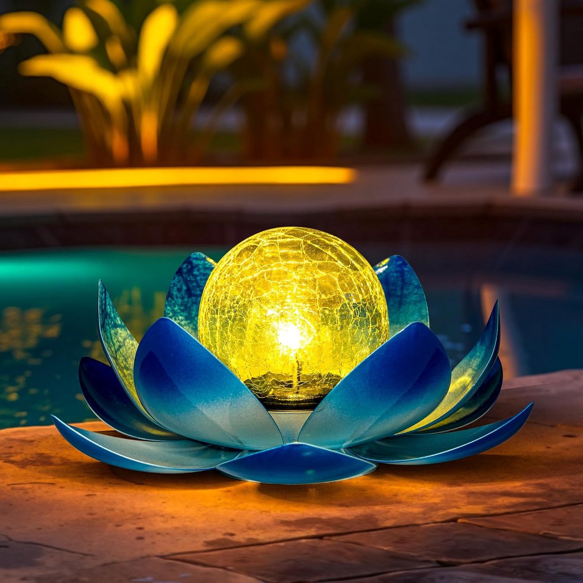 SnelShoppen - Lotus Solar Lamp Tuinverlichting - Verstelbare Metalen Bloemen Glas Lantaarn - Waterdicht - Buiten Decoratie - Blauwe LED Licht - Perfec