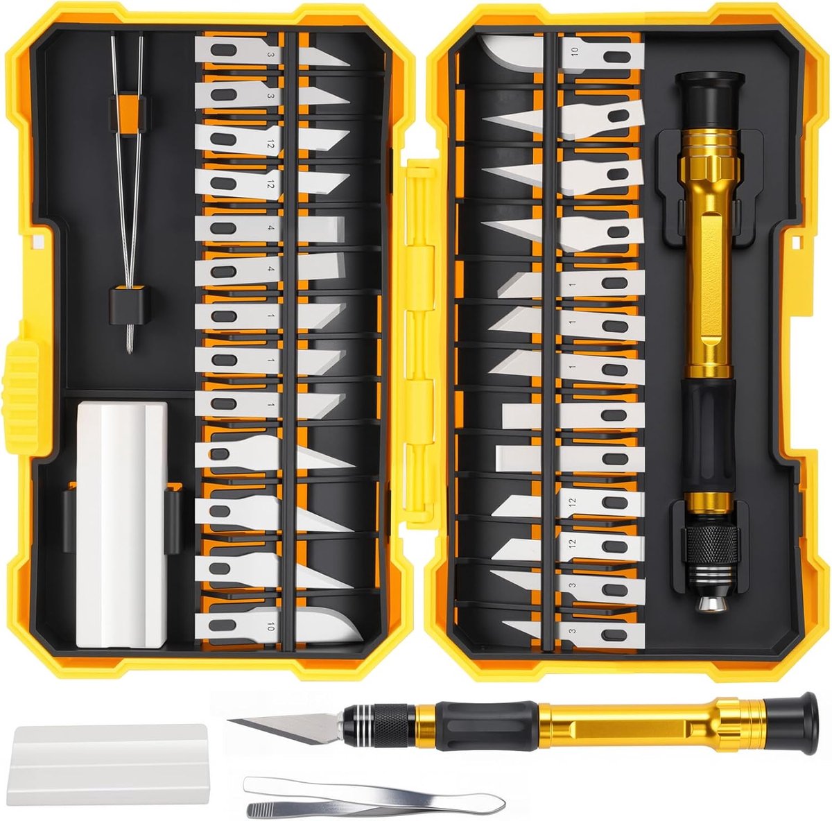 SnelShoppen - 29-delige scalpelset - Precisie snijgereedschap voor houtbewerking, leerbewerking, modelbouw - Inclusief 1 tranche mes, 26 messen, pince