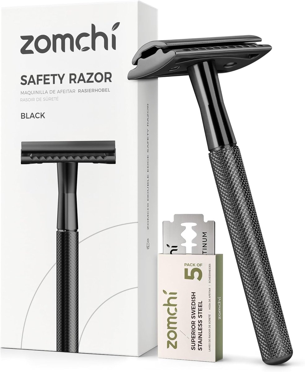 SnelShoppen - ZOMCHI Safety Razor voor Mannen en Vrouwen - Eco-vriendelijke 5 Blade Dubbelzijdige Scheermes in Zwart - Perfecte Cadeau voor Stellen