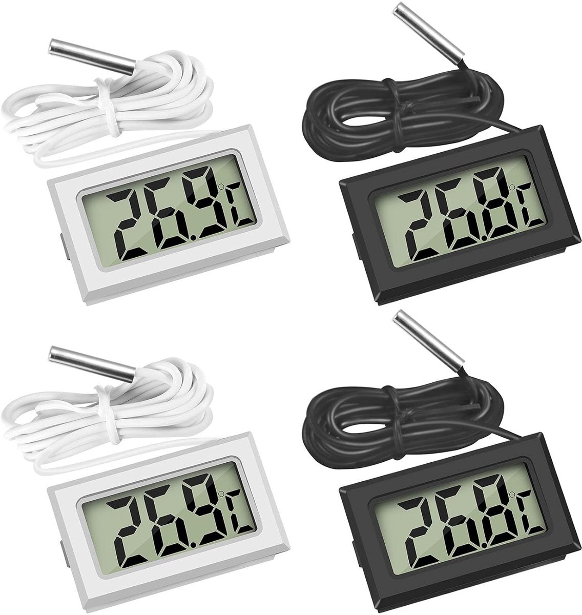 SnelShoppen - LCD Digitale Mini Thermometer met Externe Sensor voor Vriezer, Koelkast, Aquarium - 4 Stuks met Waterproof Probe - 2 Witte, 2 Zwarte - T