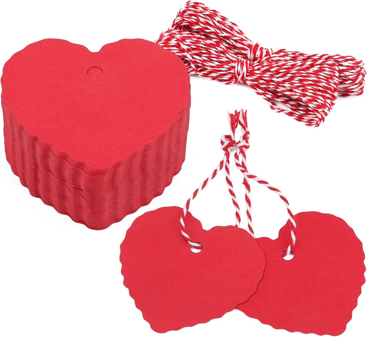 SnelShoppen - Hartvormige Hangertjes 100 Stuks Rood, 6.5 x 6 cm Pendants met 20 m Rood en Witte Touw voor Valentijnsdag, Moederdag, DIY Craft en Cadea