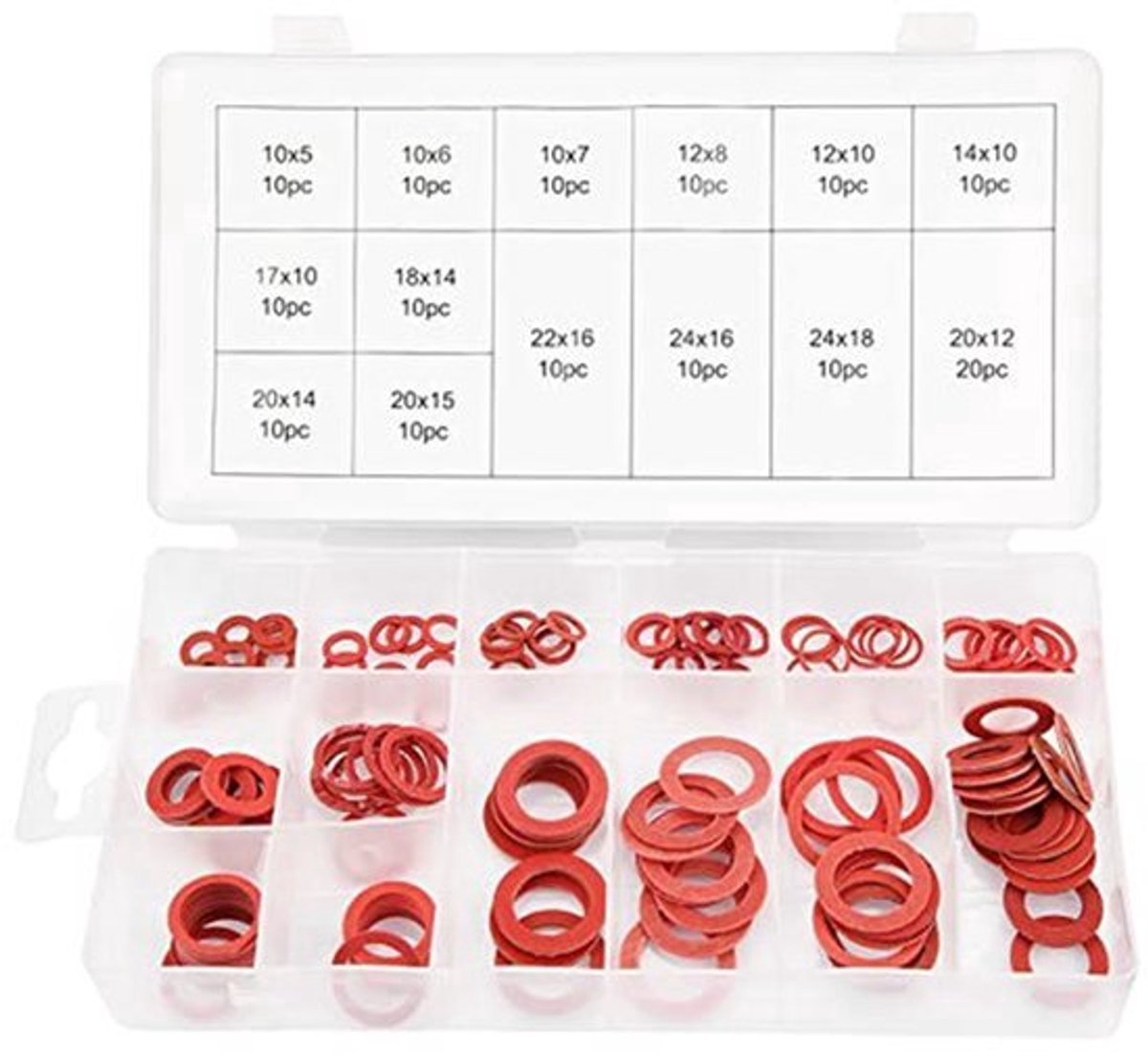 150pcs Vezelring Isolatie Plat - 14 Maten - Rood Staal en Papier