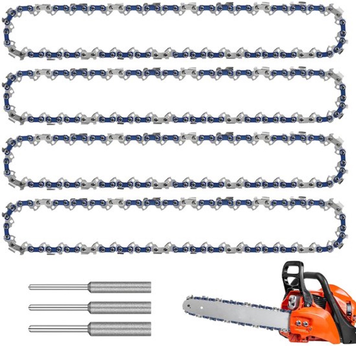 4 stuks zaagkettingen 3/8 inch LP voor 33 cm rail, 10 inch zaagketting, kettingzaagketting, 1,1 mm terugslagarme ketting, kettingzaagketting met 3 kettingslijpkoppen, compatibele 10 inch kettingzaag