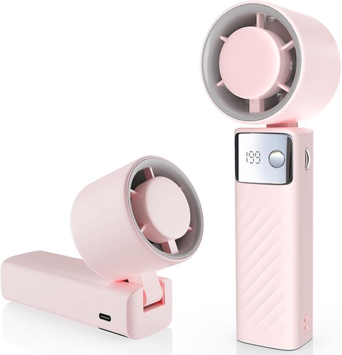 Draagbare handventilator met turbofunctie - Opvouwbare miniventilator met turbotechnologie - snelheidsinstellingen van 1-199 - led-display - werkt op batterijen voor binnen- en buitengebruik - donkerzwart - 6.4*5.3*17.7cm - roze