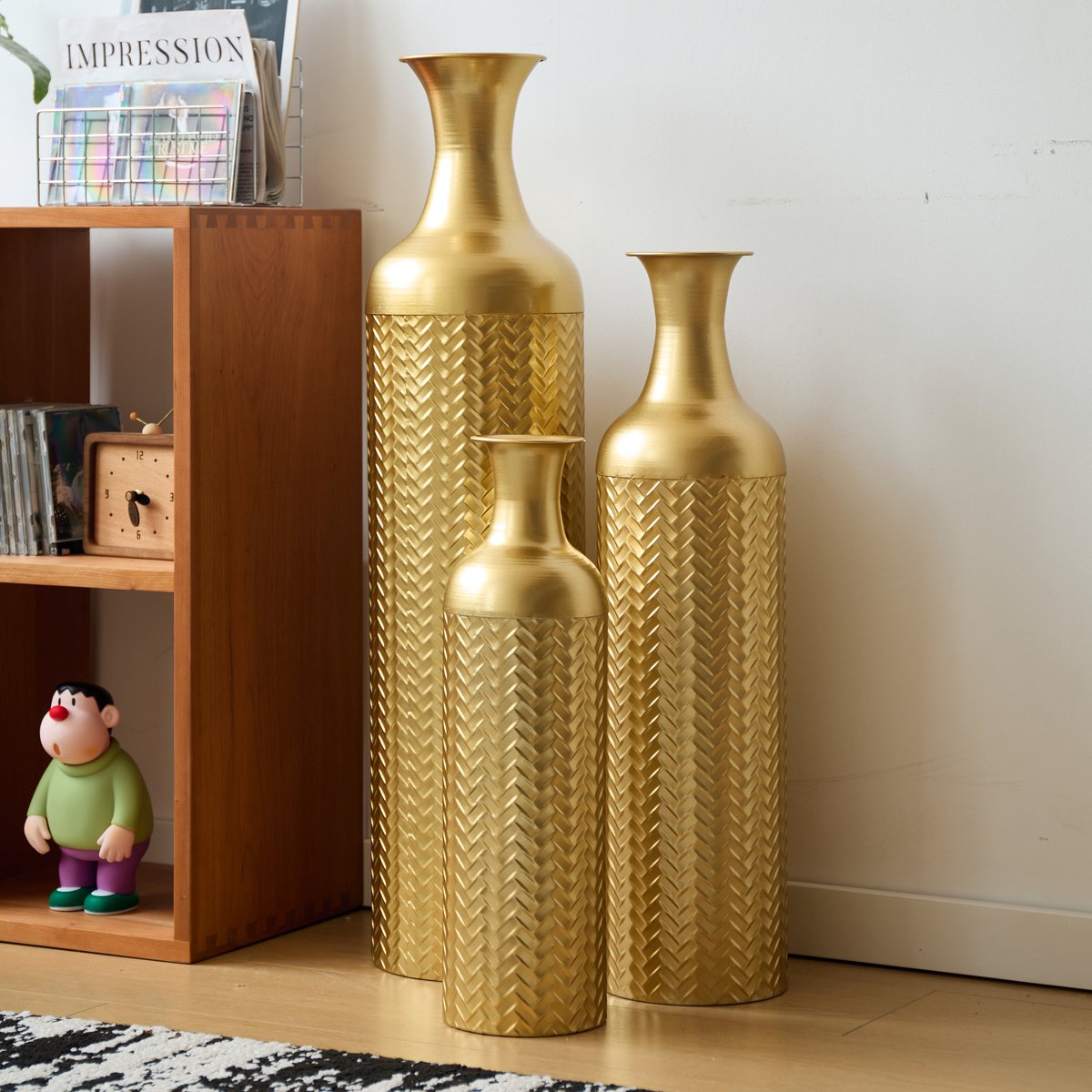 Vaas Vloerset - 3-Delig 50,01 66 en 83,01 cm - Metaal - Goud - Voor Droogbloemen Kamerplanten en Decoratie in Woonkamer Hal of Kantoor