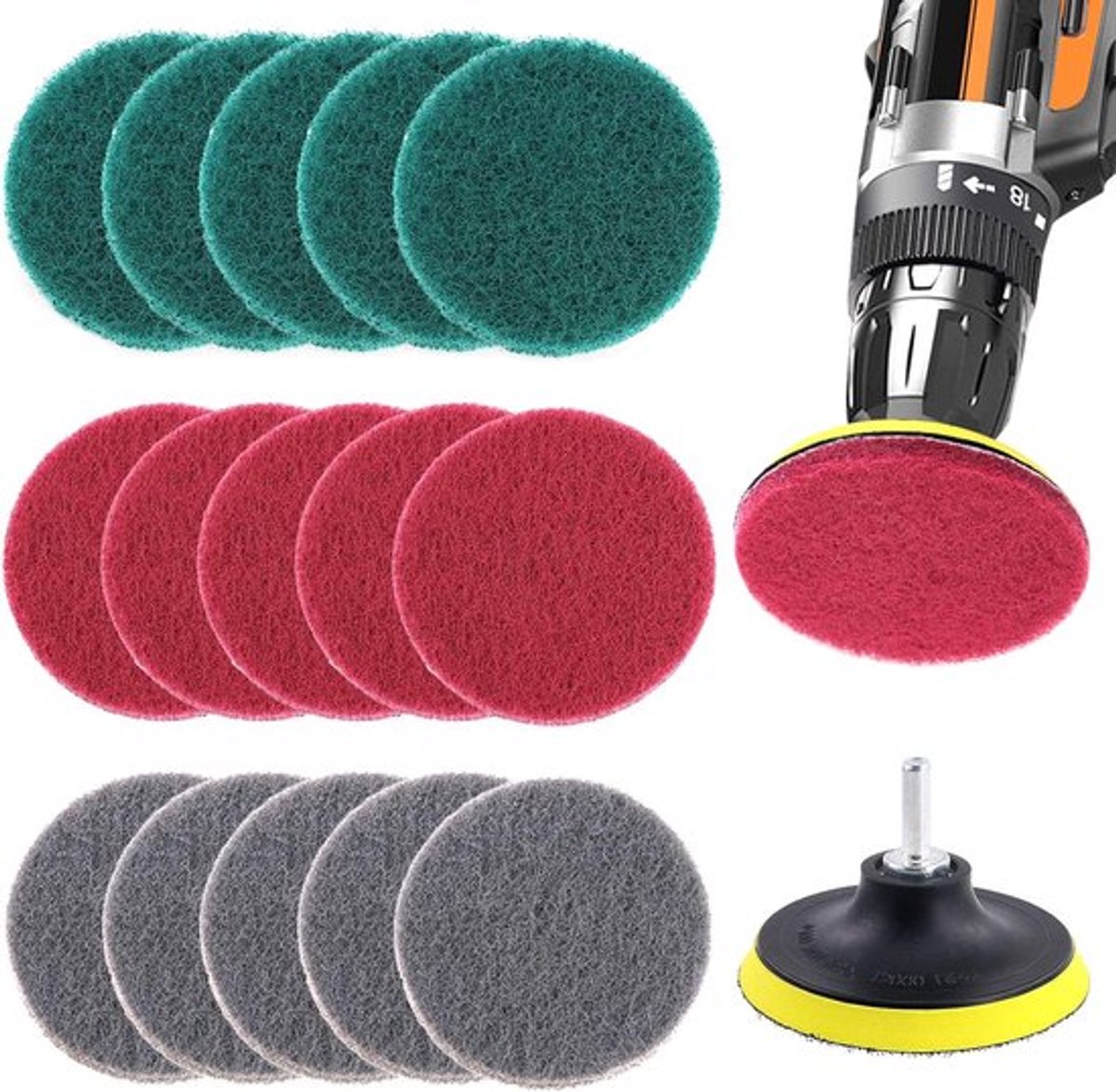 16 stuks 10 cm boor Power Brush – tegel-schrobborstels en reinigingstools-set – 10,5 cm schijfpadhouder voor badkamer- en keukenreiniging – 3 verschillende hardheden (rood)