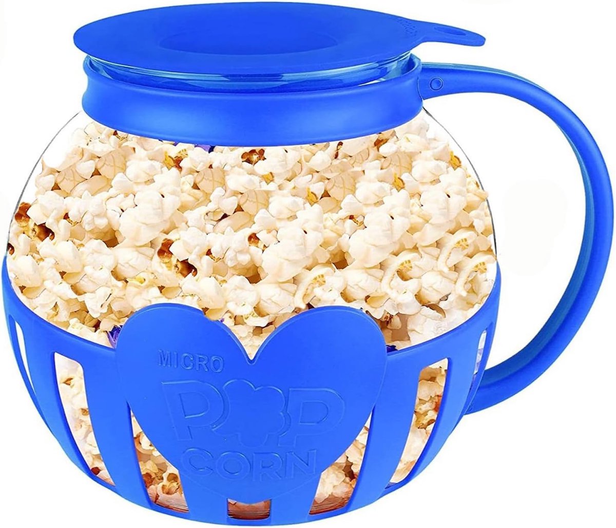 SnelShoppen - Popcornmaker Magnetron, Vaatwasserbestendig Borosilicaatglas, Blauw, Ideaal voor Feesten, Bijeenkomsten, Picknicks - 21x17 cm