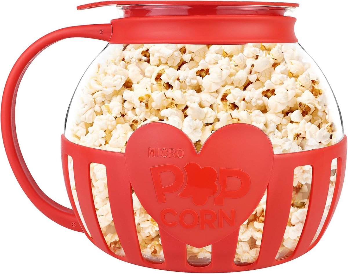 SnelShoppen - Popcornmaker Magnetron, Borosilicaatglas, Vaatwasmachinebestendig, Rood, Ideaal voor Feesten, Bijeenkomsten, Picknicks, 21x17cm