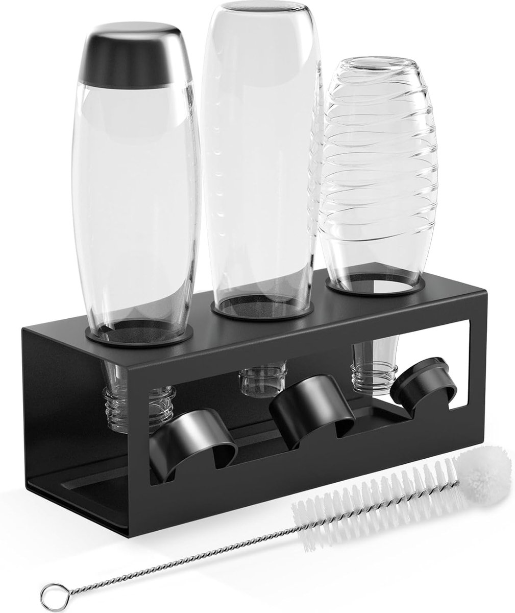 SnelShoppen - Flessenhouder voor SodaStream Crystal en Emil, roestvrijstalen houder voor 3 flessen, met afdruiprek en dekselhouder, zwart, ideaal voor