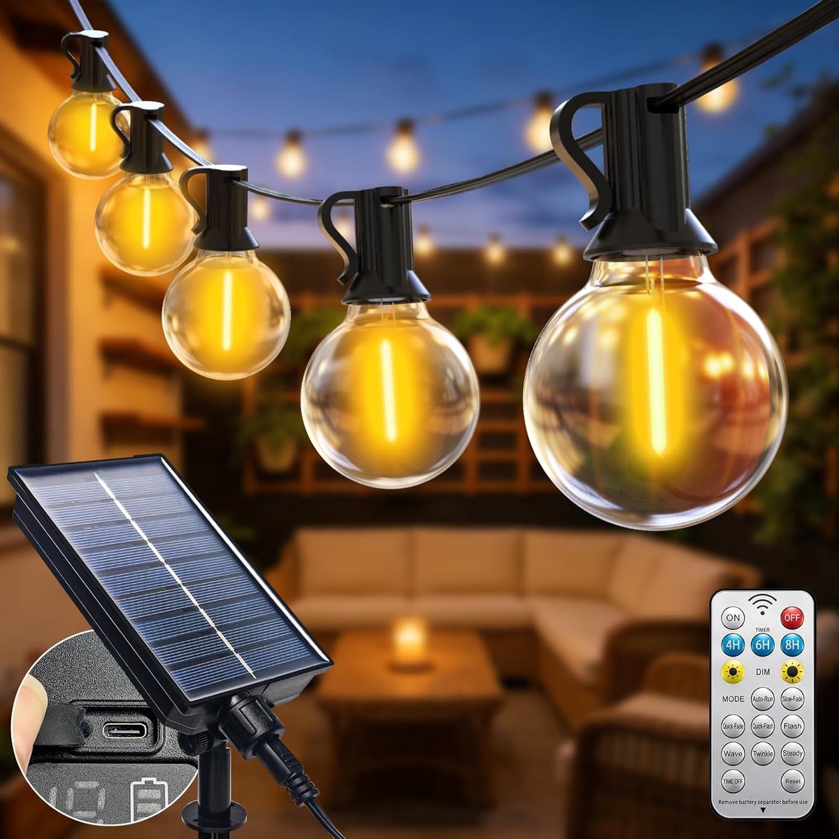 SnelShoppen - Solar Lichtsnoer 15M met Afstandsbediening - 18+1 LED G40 Gloeilampen - Weerbestendig - 8 Verlichtingsmodi - Warmwit voor Tuin, Balkon,