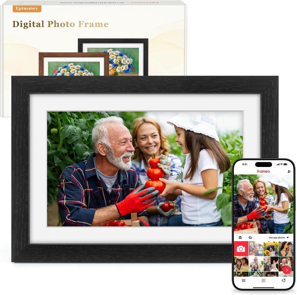 SnelShoppen - Digitale Fotolijst Eikenhout 32 GB Geheugen 1280 x 800 HD Touchscreen WiFi Wandmontage Automatisch Roteren Delen via Frameo Zwart