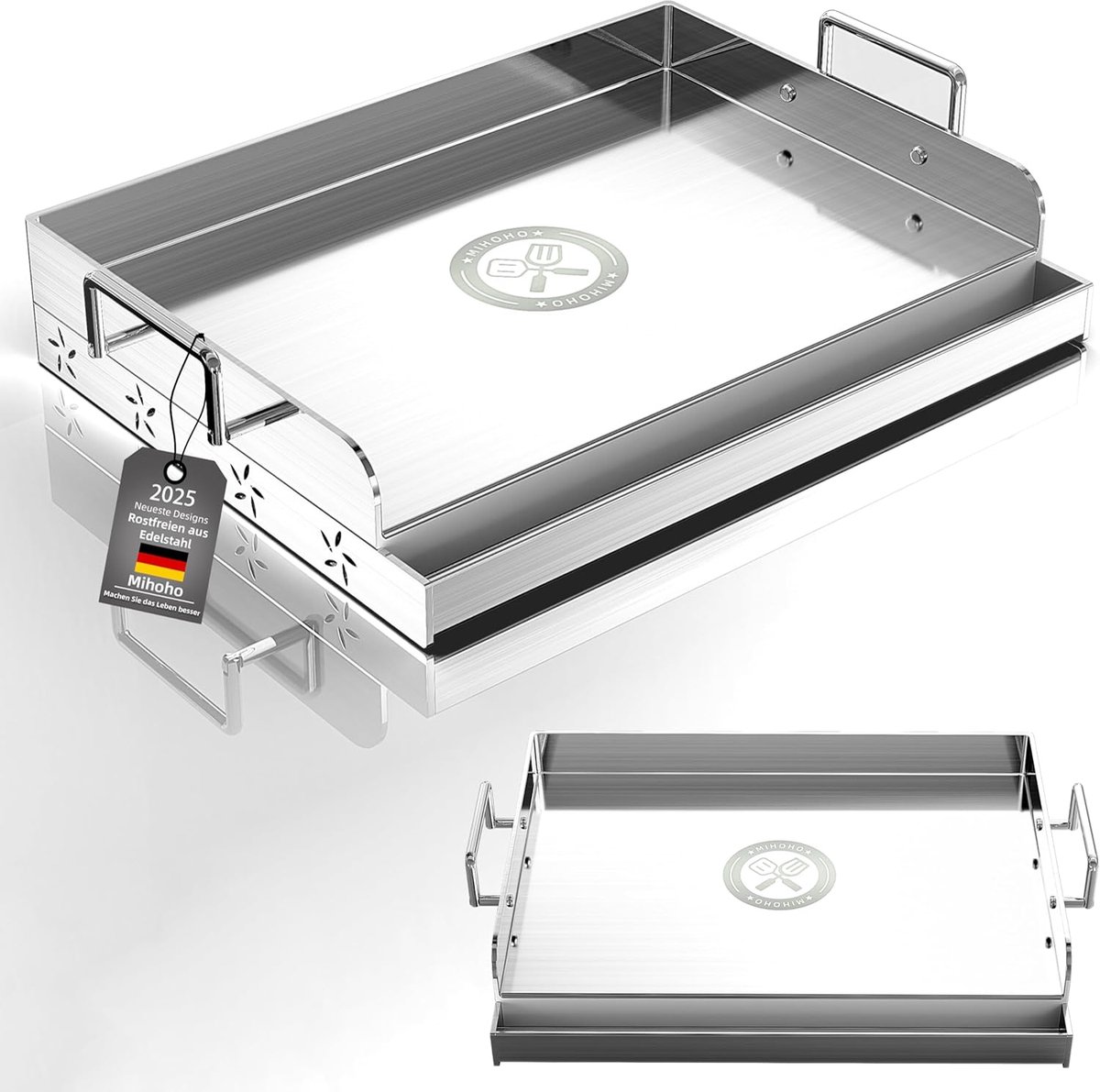 SnelShoppen - Universele BBQ RVS Plancha Grillplaat Griddle 44 cm - Gelijkmatige Verwarming - Voor Gas- en Kolenbarbecues - Ideaal voor Camping, Tailg