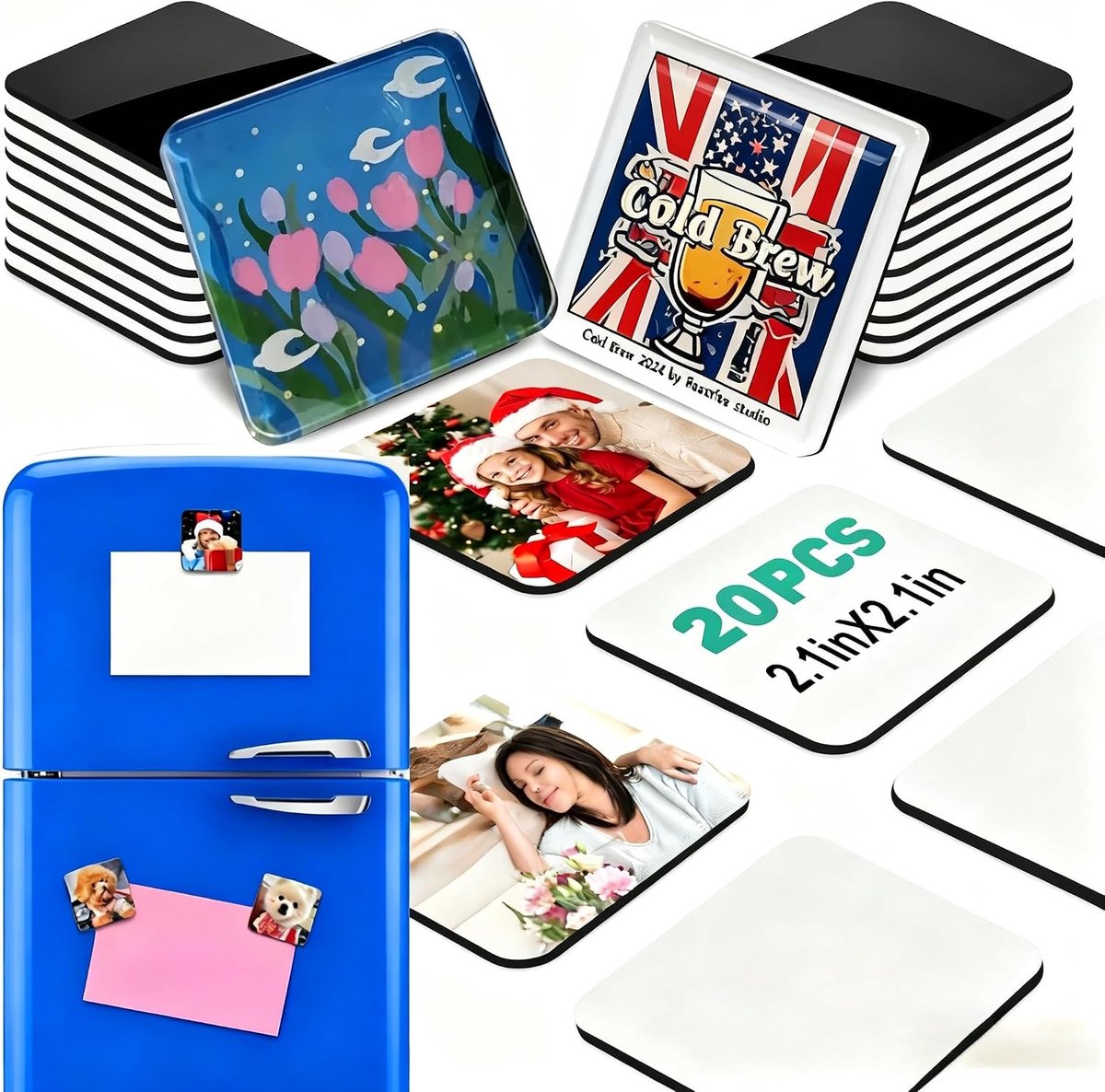 SnelShoppen - Set van 20 Individuele Acryl Koelkast Magneten Craft Set - Handgemaakte Transparante Vierkanten 5x5 cm met Magnetisch Film, DIY Koelkast