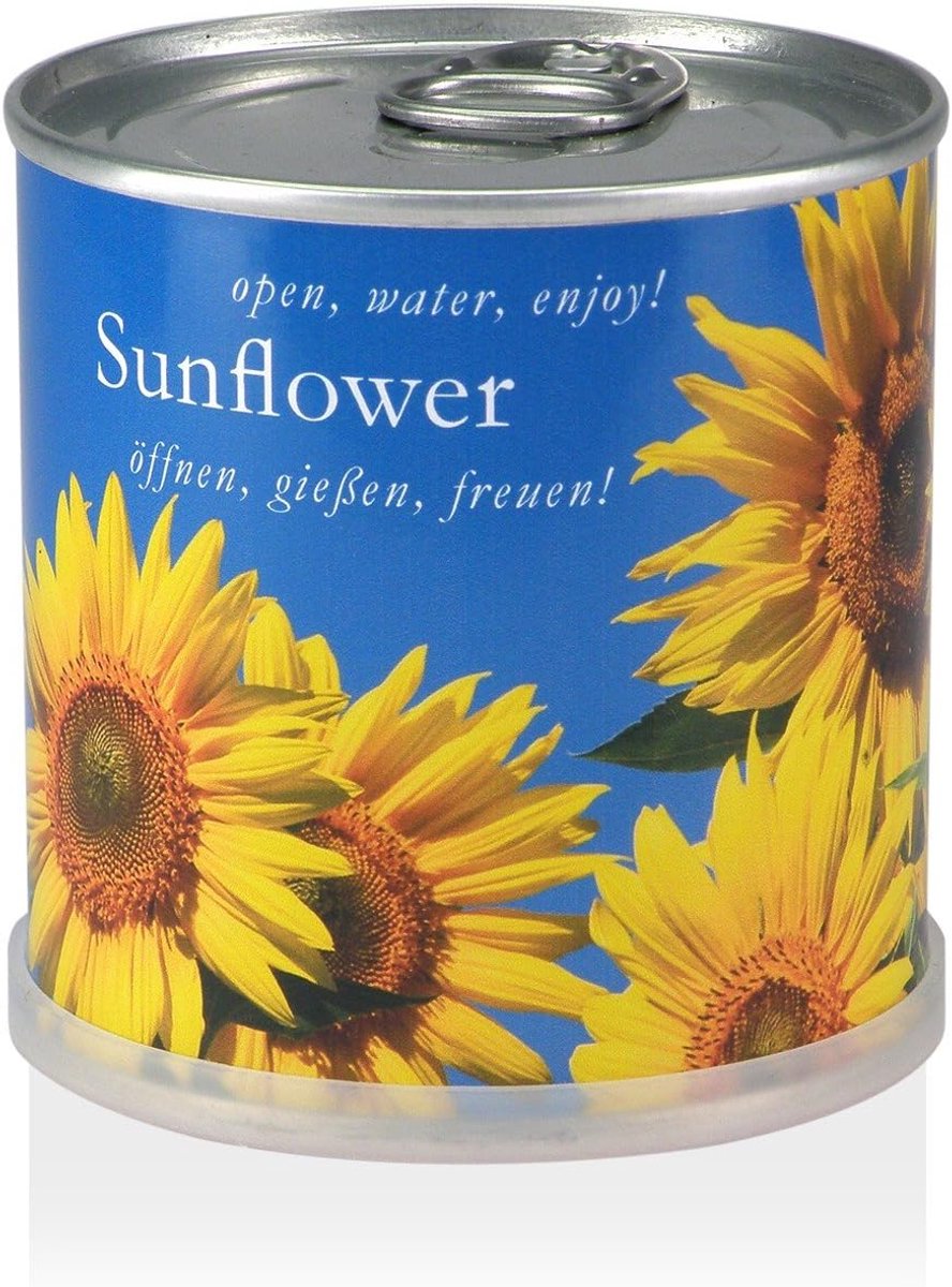 SnelShoppen - Flowers in the box - Zonnebloemen in blik - Originele Zaden - Biologisch - Hoogte 8 cm - Perfect voor Tuin, Feest en Cadeaus